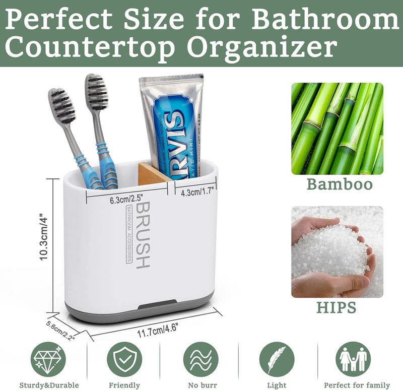 Chintu Toothbrush and Toothpaste Holder with Bamboo Divider for Bathroom Countertop Organizer, Detachable for Easy Clean, 2 Slots Electric Toothbrush Holders Storage Caddy Drainage for Family-White - Image 4